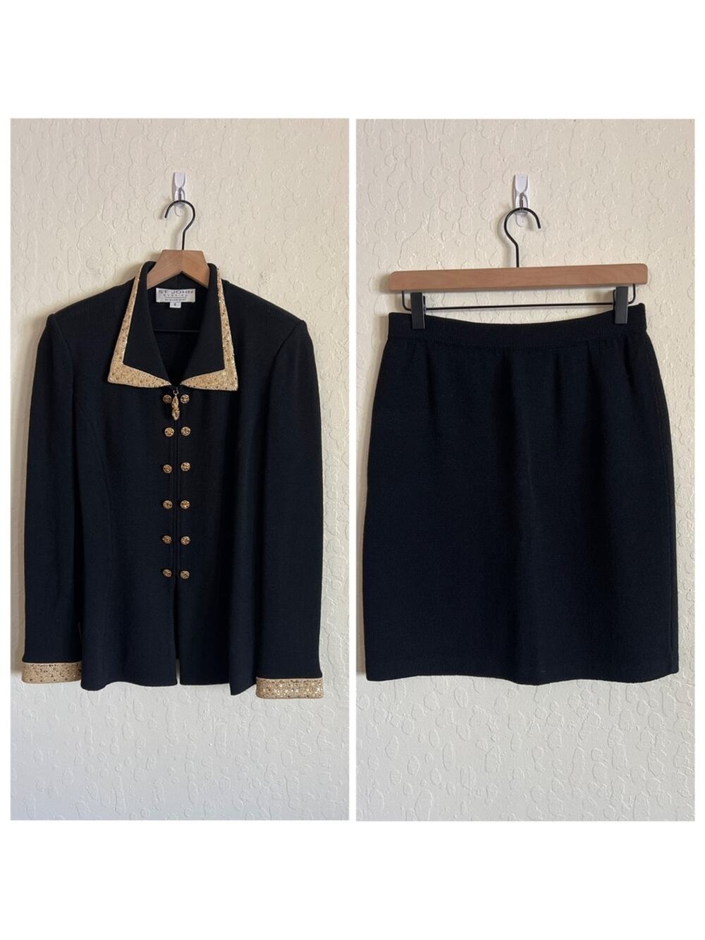 St John Evening Matching Blazer Jacket Skirt Set Santana Knit 6 Black Gold Wool